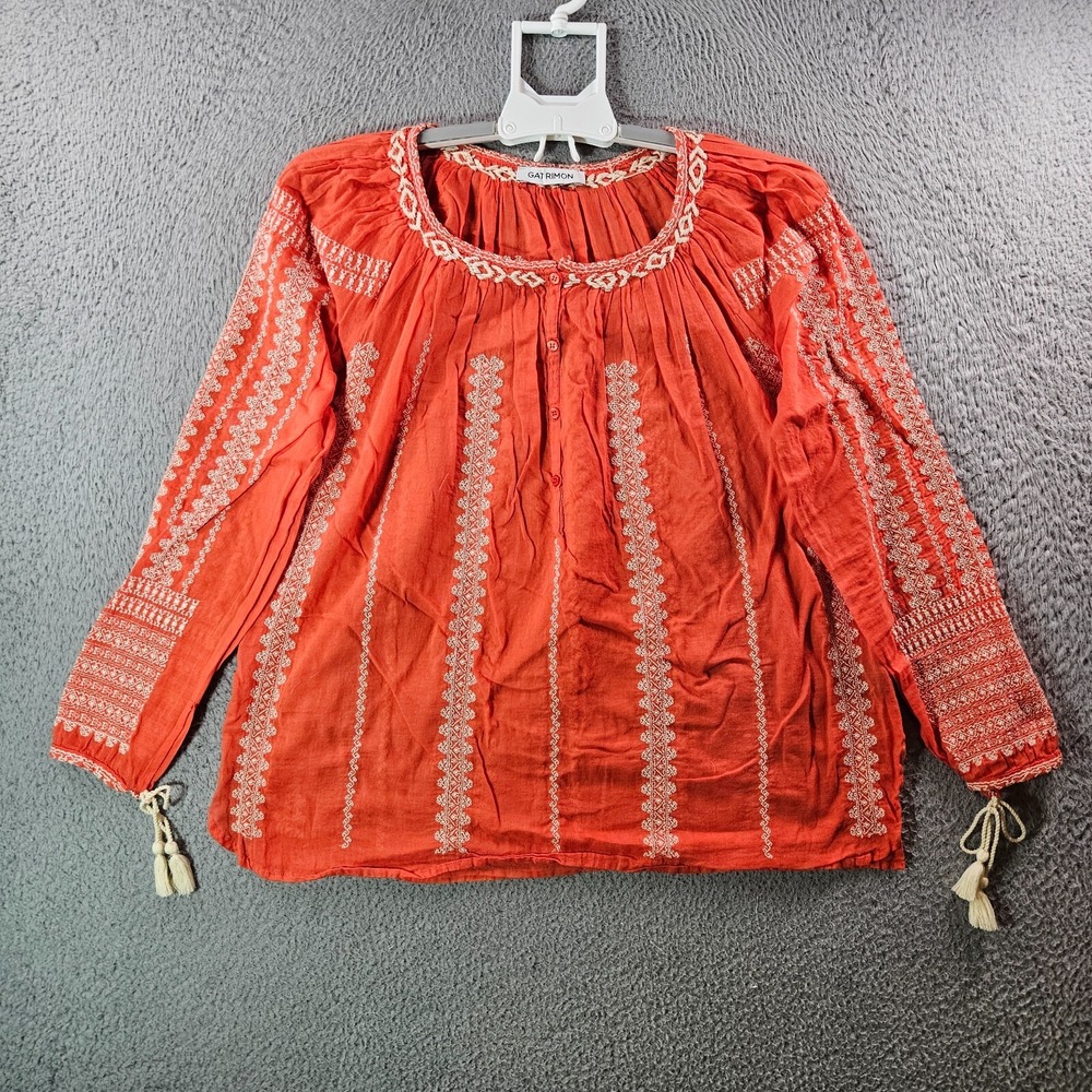 Gat Rimon Embroidered Top Blouse Women Long‎ Sleeve Orange Lightweight T1 OneTT